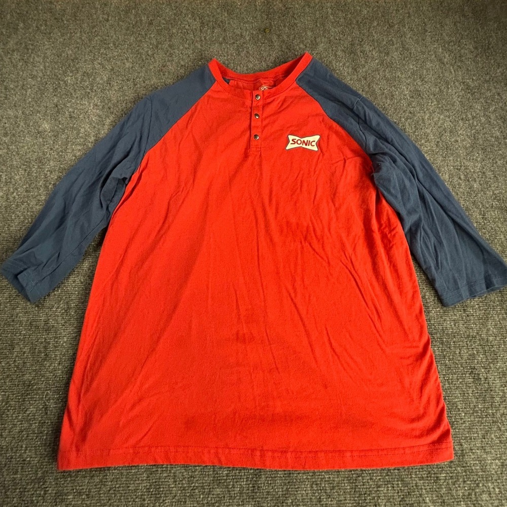 Sonic Drive-In Employee Uniform Shirt XL Red Blue Raglan Henley 3/4 Sleeve